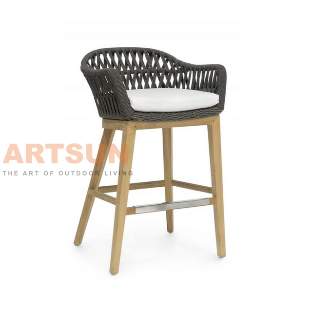 Барный стул из тикового дерева с веревочным подлокотником ручной работы