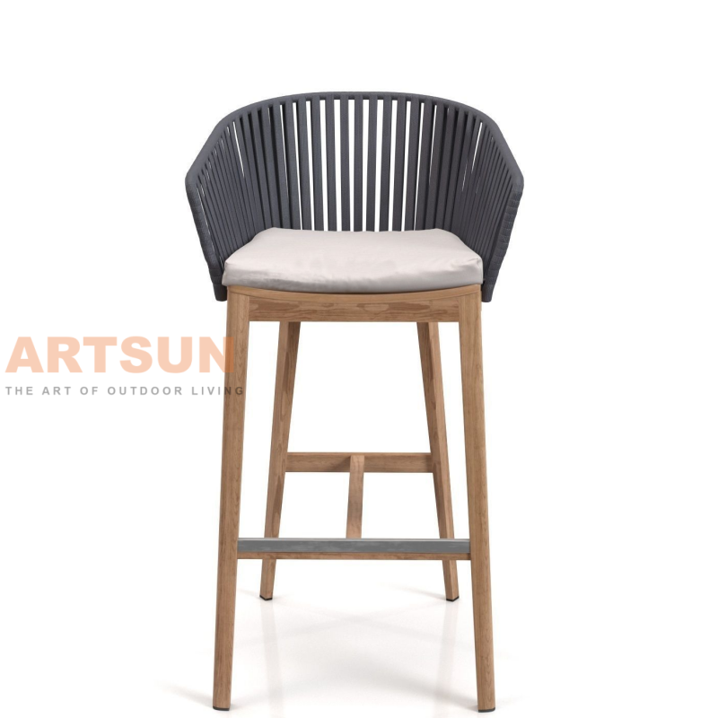 Стильный уличный барный стул из тикового дерева с плетеным веревочным подлокотником для патио-курорта и бара на крыше